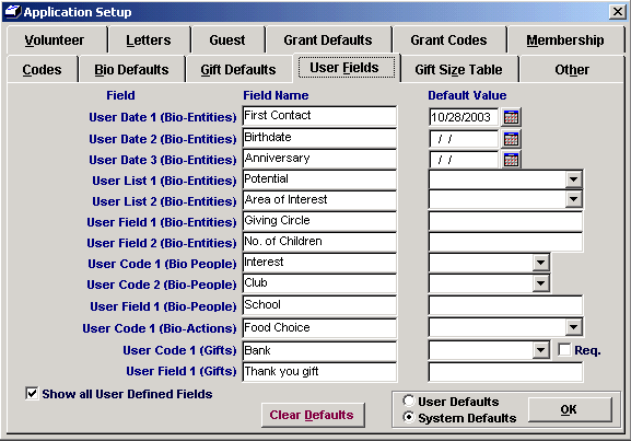 Defining User Fields